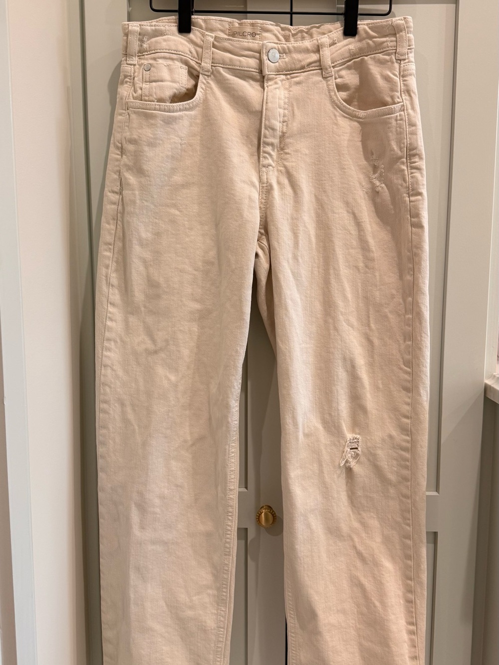 Pilcro Cream Straight-Leg Jeans with Distressed Accents